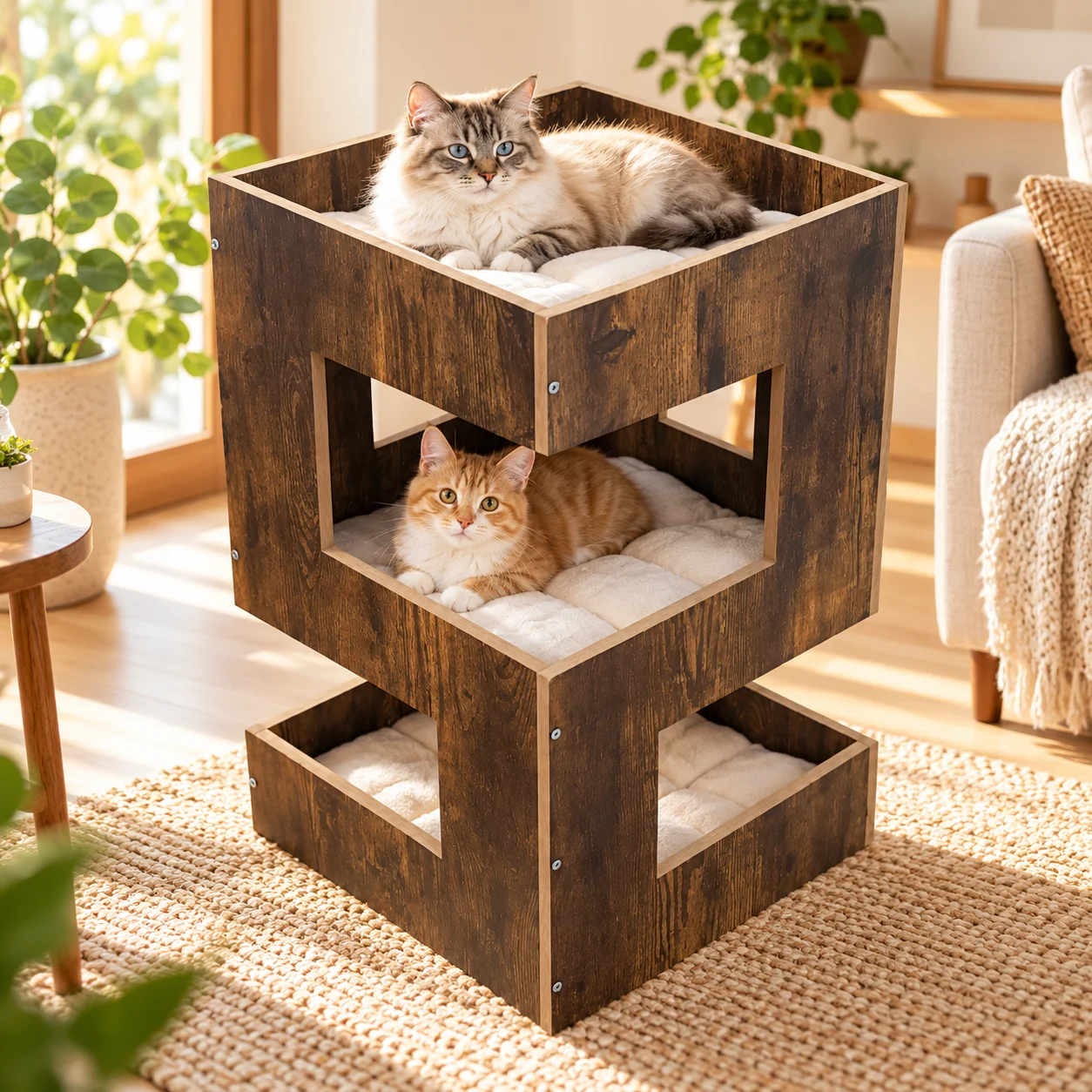 Three-tier wooden cat house