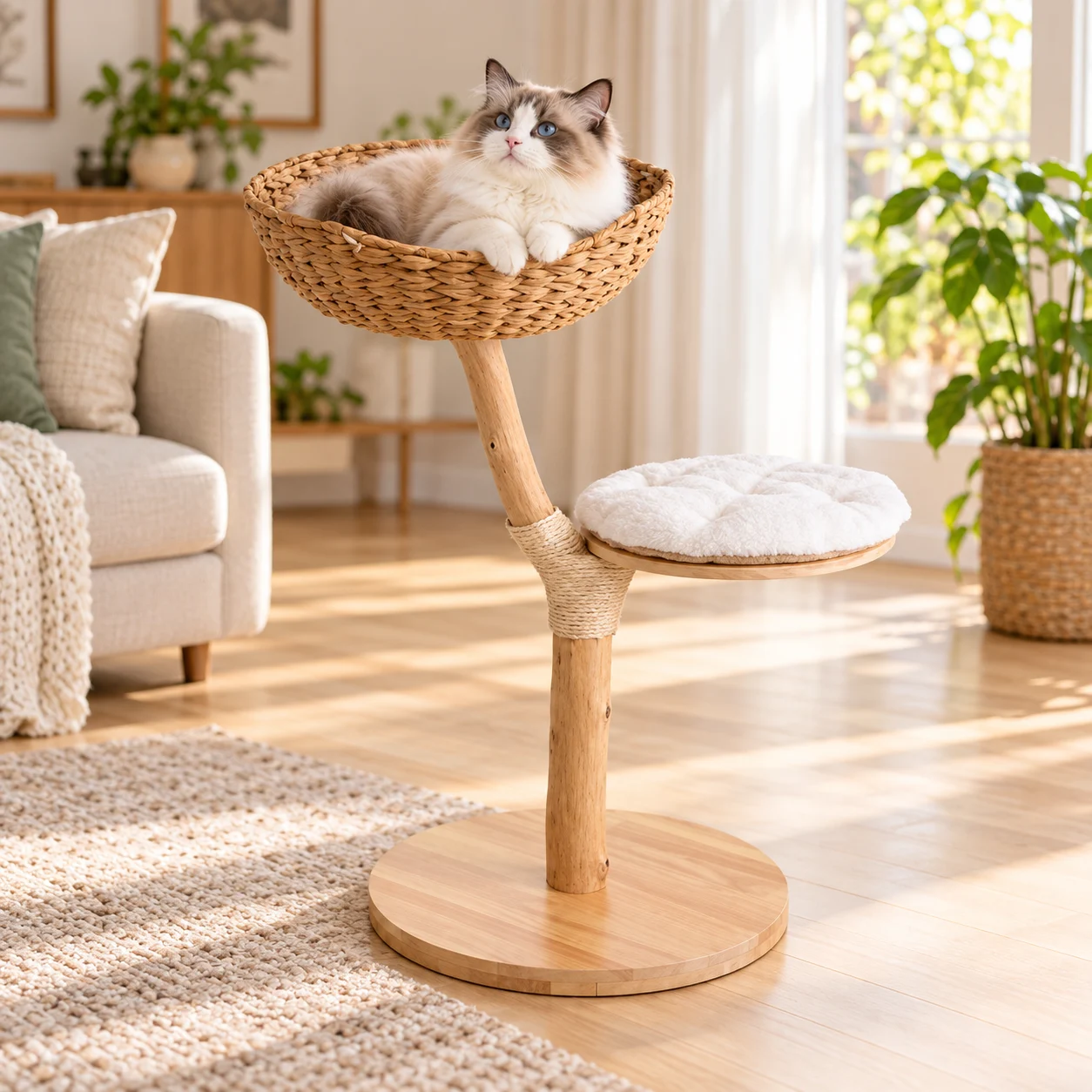 Two-Tier Woven Rattan Cat Bed Stand